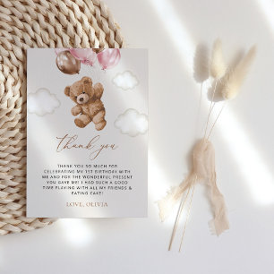 Teddy Bear, Pink Balloons, First Birthday Thank You Card
