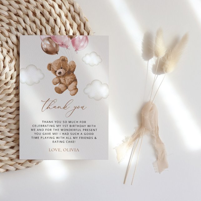 Teddy Bear, Pink Balloons, First Birthday Thank You Card (Creator Uploaded)