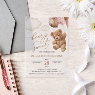Teddy Bear, Pink Balloons, First Birthday Vellum Invitations