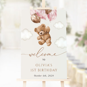 Teddy Bear, Pink Balloons, First Birthday Welcome Poster