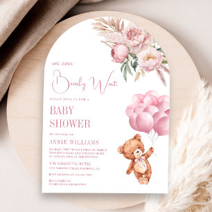 Teddy Bear Pink Balloons Floral Arch Baby Shower Invitation