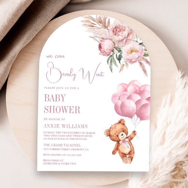 Teddy Bear Pink Balloons Floral Arch Baby Shower Invitation (Creator Uploaded)
