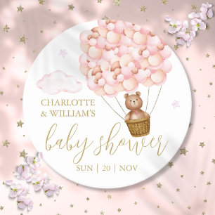 Teddy Bear Pink Balloons Girl Baby Shower Round Paper Coaster