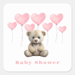 Teddy Bear Pink Balloons Girl Baby Shower Square Sticker