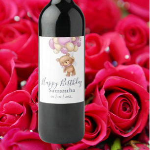 Teddy Bear Pink Balloons Girl Birthday Party Wine Label