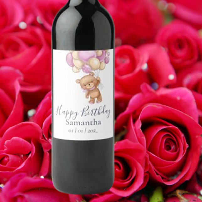 Teddy Bear Pink Balloons Girl Birthday Party   Wine Label (Celebrate her special day with a charming Teddy Bear Pink Balloons Girl Birthday Party wine label)