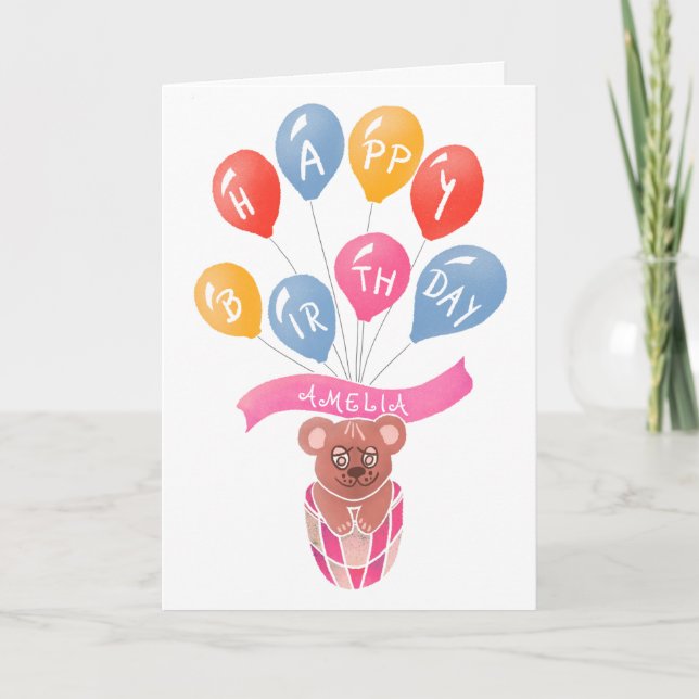Teddy Bear Pink Balloons Girl Happy Birthday Card (Front)