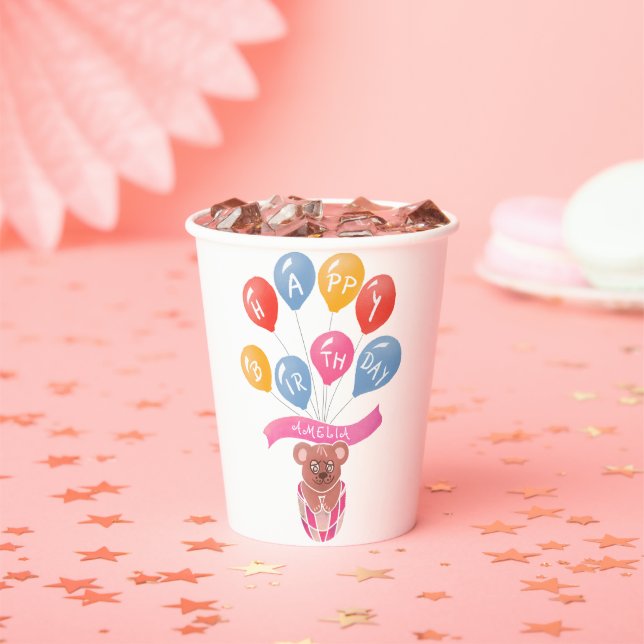 Teddy Bear Pink Balloons Girl Happy Birthday  Paper Cups (Insitu)