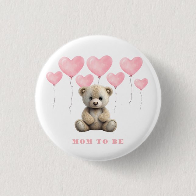 Teddy Bear Pink Balloons Girl Mum To Be 3 Cm Round Badge (Front)