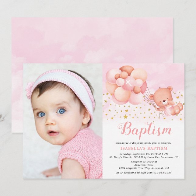 Teddy Bear Pink Balloons Gold Stars Photo Baptism Invitation (Front/Back)