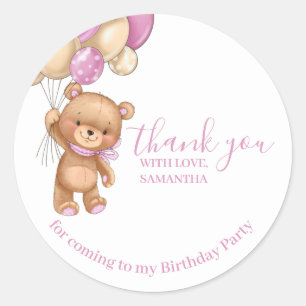 Teddy Bear PINK Balloons Happy Birthday Thank You Classic Round Sticker