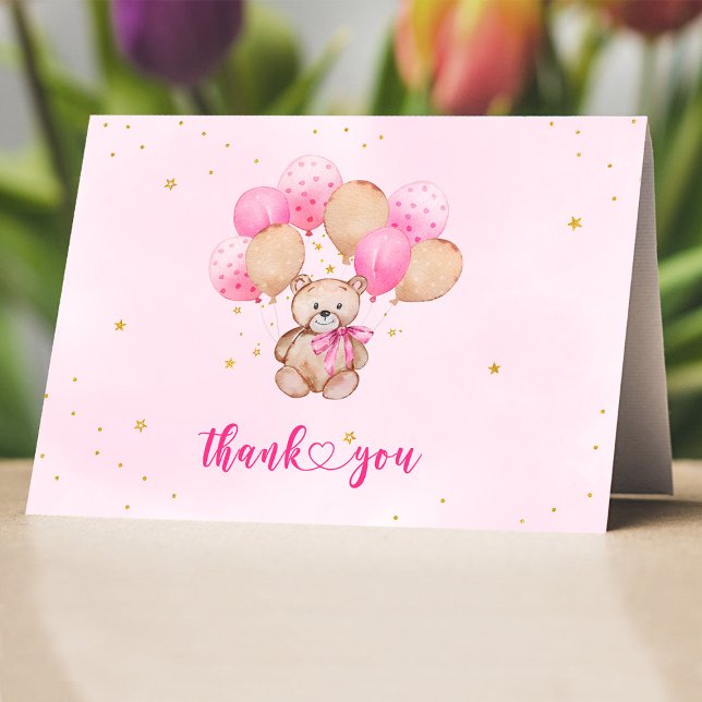 Teddy Bear Pink Balloons Thank you Card (Creator Uploaded)