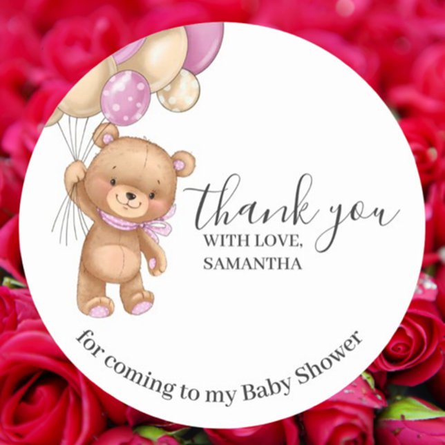Teddy Bear PINK Balloons Thank You Classic Round Sticker (Celebrate your little one with a favorite bear-themed baby shower! )