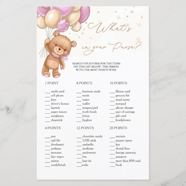Teddy Bear Pink Balloons What's in Your Purse Game (Front)