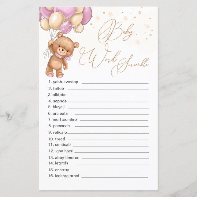 Teddy Bear Pink Balloons Word Scramble Game (Front)