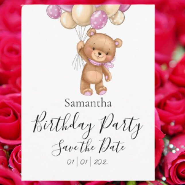 Teddy Bear Pink Birthday Party Save the Date   Postcard (Announce your special day with a charming Teddy Bear Pink Birthday Party Save the Date postcard. )
