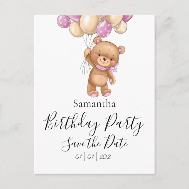 Teddy Bear Pink Birthday Party Save the Date   Postcard (Front)