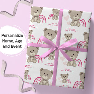 TEDDY BEAR Pink Birthday Wrapping Paper Roll