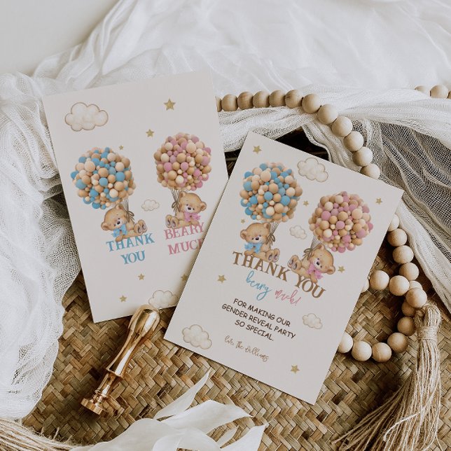 Teddy Bear Pink Blue Balloons Gender Reveal  Thank You Card (Creator Uploaded)