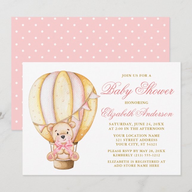 Teddy Bear Pink Bow Air Balloon Dots Baby Shower Invitation (Front/Back)