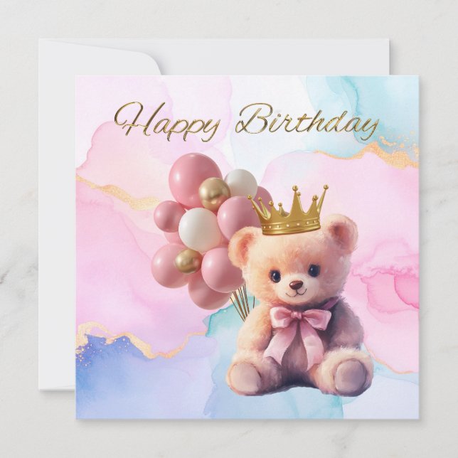 Teddy Bear Pink Bow Gold Crown Happy Birthday (Front)