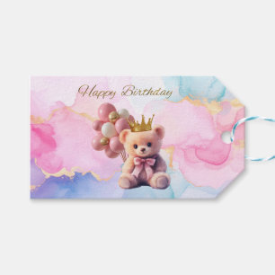 Teddy Bear Pink Bow Gold Crown Happy Birthday Gift Tags