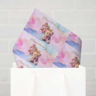 Teddy Bear Pink Bow Gold Crown Happy Birthday Tissue Paper