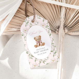 Teddy Bear, Pink Bow, Pink Flowers, Baby Shower Gift Tags