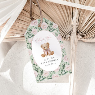Teddy Bear, Pink Bow, Pink Flowers, Baby Shower Gift Tags
