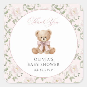 Teddy Bear, Pink Bow, Pink Flowers, Baby Shower Square Sticker