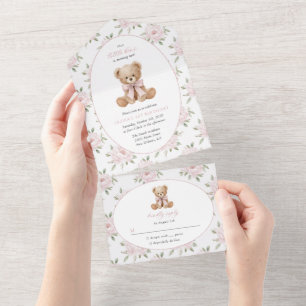 Teddy Bear, Pink Bow, Pink Flowers, First Birthday All In One Invitation