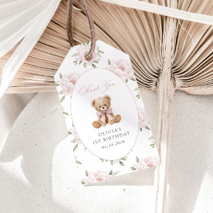 Teddy Bear, Pink Bow, Pink Flowers, First Birthday Gift Tags