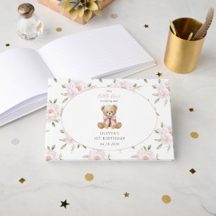 Teddy Bear, Pink Bow, Pink Flowers, First Birthday Guest Book