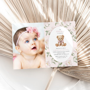 Teddy Bear, Pink Bow, Pink Flowers, First Birthday Invitation