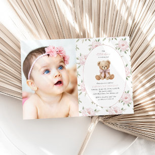 Teddy Bear, Pink Bow, Pink Flowers, First Birthday Invitation