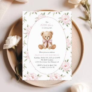 Teddy Bear, Pink Bow, Pink Flowers, First Birthday Invitation