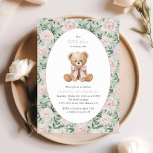 Teddy Bear, Pink Bow, Pink Flowers, First Birthday Invitation