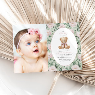 Teddy Bear, Pink Bow, Pink Flowers, First Birthday Invitation