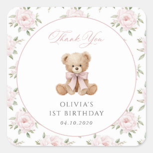 Teddy Bear, Pink Bow, Pink Flowers, First Birthday Square Sticker