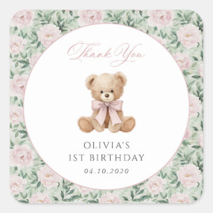 Teddy Bear, Pink Bow, Pink Flowers, First Birthday Square Sticker