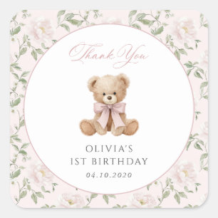 Teddy Bear, Pink Bow, Pink Flowers, First Birthday Square Sticker