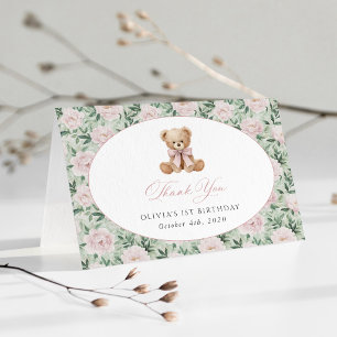 Teddy Bear, Pink Bow, Pink Flowers, First Birthday Thank You Card