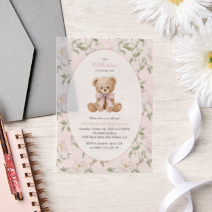 Teddy Bear, Pink Bow, Pink Flowers, First Birthday Vellum Invitations