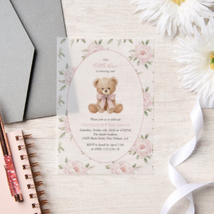 Teddy Bear, Pink Bow, Pink Flowers, First Birthday Vellum Invitations