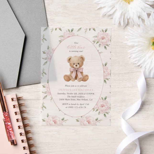 Teddy Bear, Pink Bow, Pink Flowers, First Birthday Vellum Invitations (Wedding)