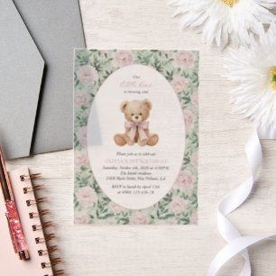 Teddy Bear, Pink Bow, Pink Flowers, First Birthday Vellum Invitations