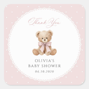 Teddy Bear, Pink Bow, Pink Polka Dots, Baby Shower Square Sticker