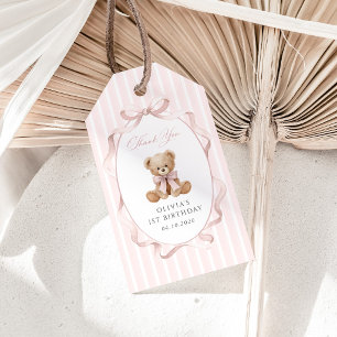 Teddy Bear, Pink Bow, Pink Stripes, First Birthday Gift Tags