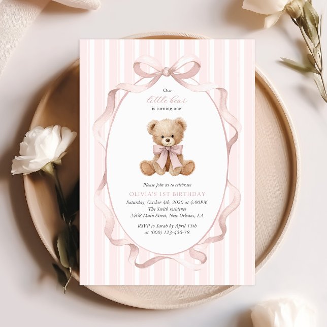 Teddy Bear, Pink Bow, Pink Stripes, First Birthday Invitation (Creator Uploaded)