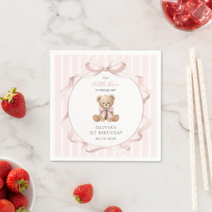Teddy Bear, Pink Bow, Pink Stripes, First Birthday Napkin